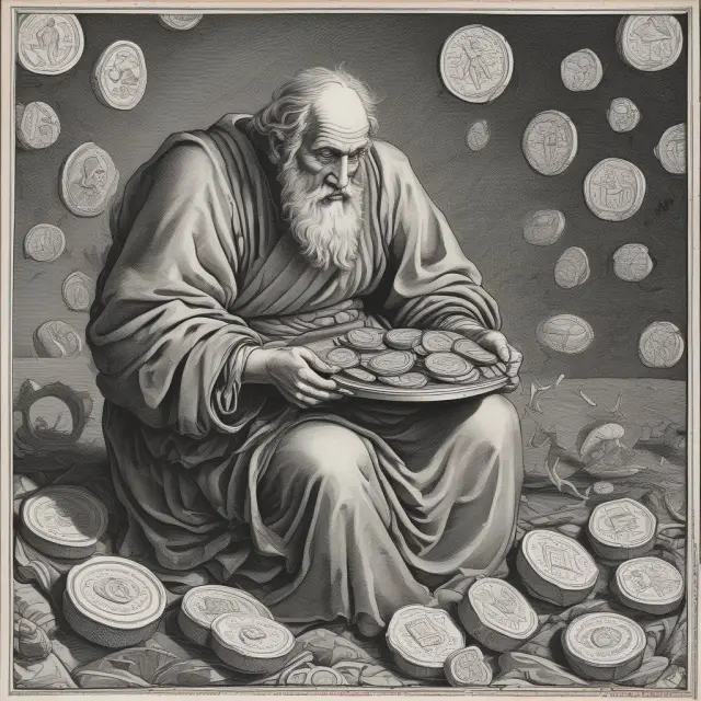 A guarded figure holds onto an ancient coin hoard during deflationary winds, representing the reluctance to spend or invest in a liquidity trap