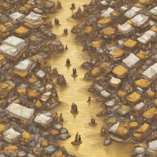 A golden river flows smoothly among an active marketplace, representing the ease and transparency in executing trades within a liquid market