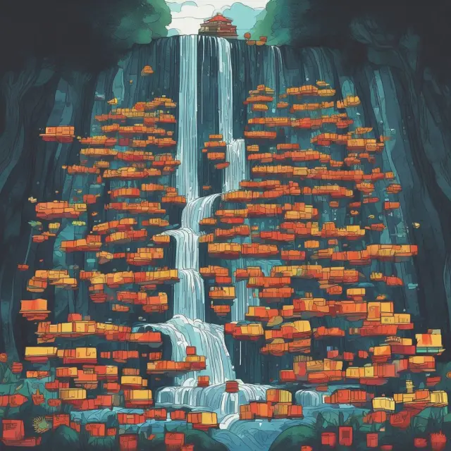 A waterfall of orders pouring into a pool, symbolizing the availability of buyers and sellers in markets with high market depth and liquidity.