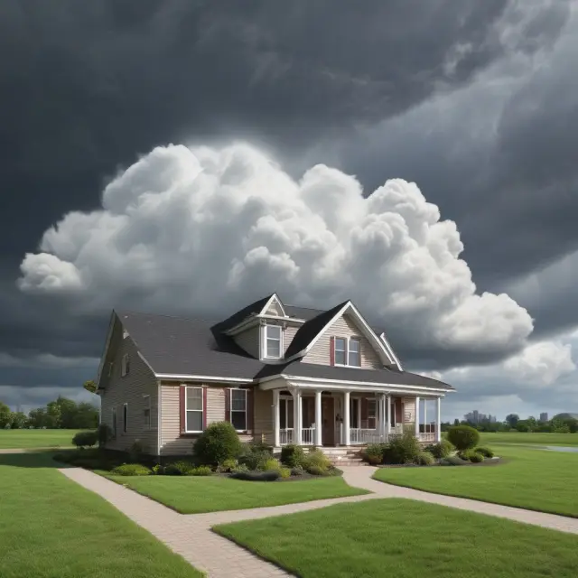 A lis pendens notice represented as a storm cloud looming over a property during a real estate transaction