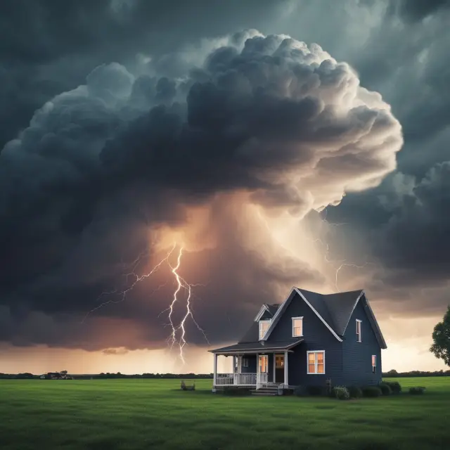 Lis Pendens as a storm cloud hovering above property title, representing the legal uncertainty and risks during a real estate dispute