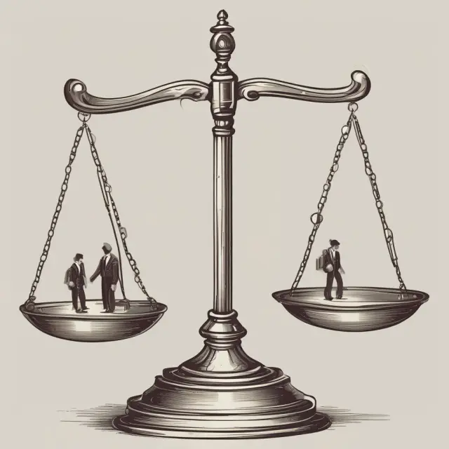 Two attorneys poised before a balanced scale, representing buyers and sellers during lis pendens proceedings.