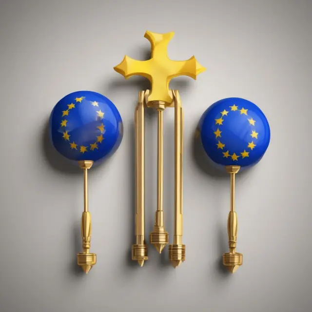 Three interconnected gavels creating a European Union flag, illustrating the Lisbon Treaty