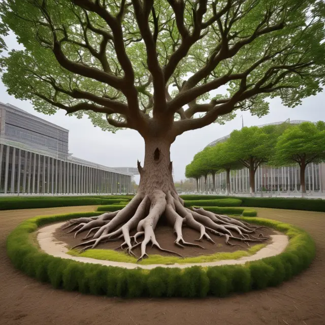 A European Parliament tree growing tall and strong after receiving the nourishment of new powers from the Lisbon Treaty, symbolizing democratic growth.
