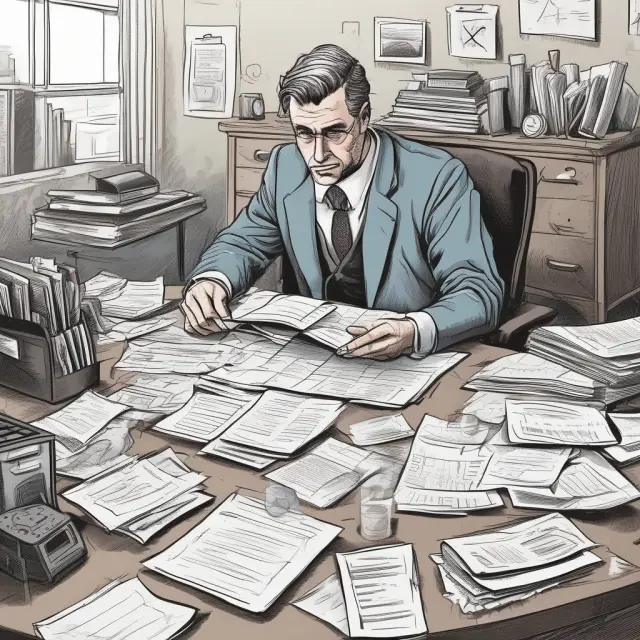 Executive working at a desk, surrounded by office equipment, checking documents while a clock ticks, symbolizing the need for business usage to exceed 50% (predominant use test) for listed properties.