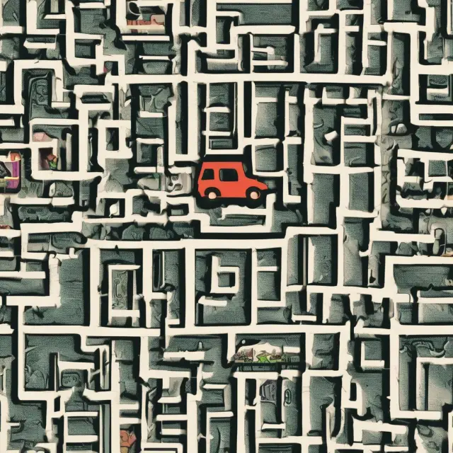 An intricate maze filled with cars and computer screens represents listed properties in tax regulation.