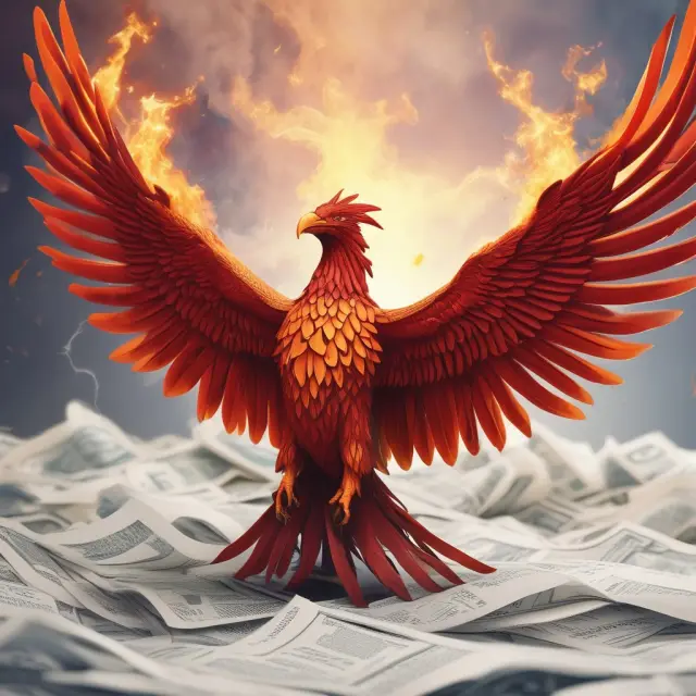 An entrepreneurial phoenix emerging from piles of financial documents represents a company
