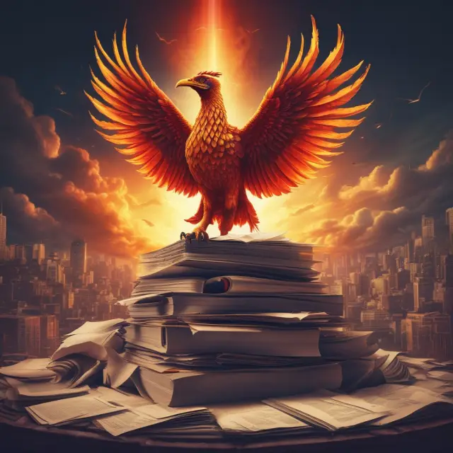 A phoenix rising from a stack of papers represents the transformation of an unlisted company into a successful, NYSE-listed organization