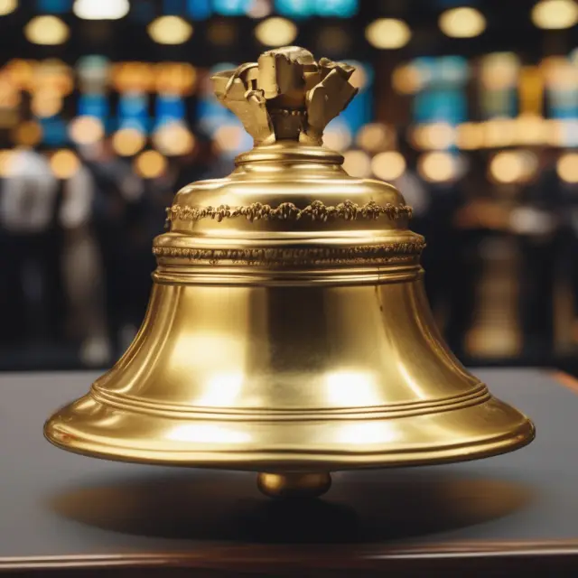 A golden bell rings in a bustling exchange hall, signifying a new company