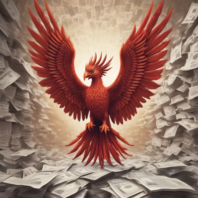 An emerging phoenix rises majestically from a sea of financial documents, symbolizing the rigorous NYSE listing requirements