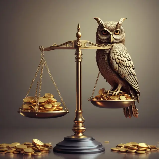 An owl, symbolizing wisdom, weighs Nasdaq and NYSE symbols on scales made of gold coins, considering their pros and cons for companies.