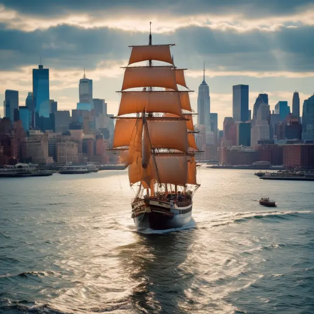 A company boat sailing towards Nasdaq and NYSE harbors, representing successful IPOs or listings on reputable exchanges