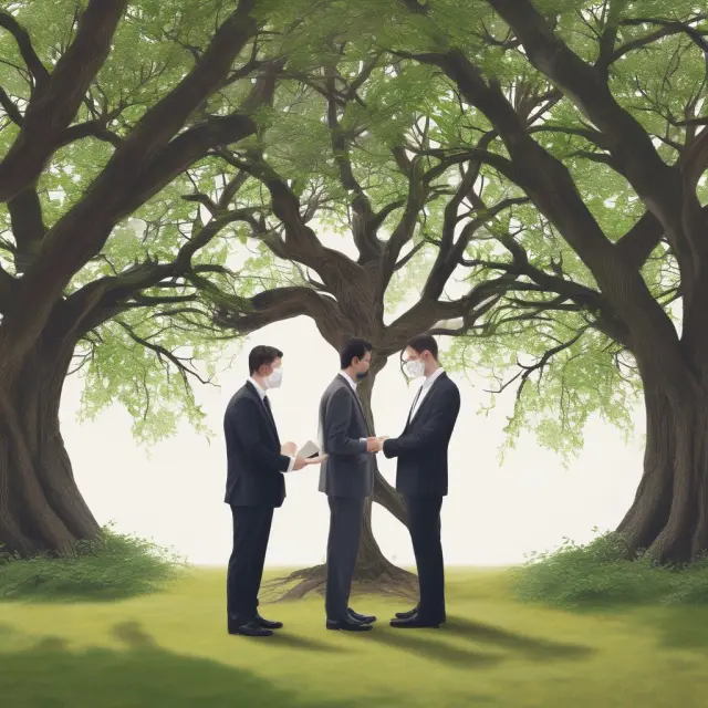 Broker and seller signing listing agreement under a tree, representing their partnership and commitment