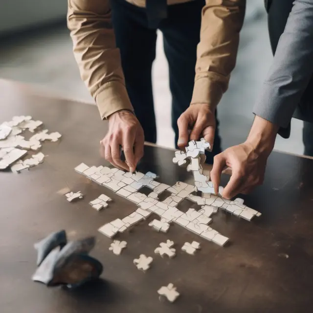 Broker and homeowner signing a real estate listing agreement, symbolically represented as a bridge made of puzzle pieces for protection and success.