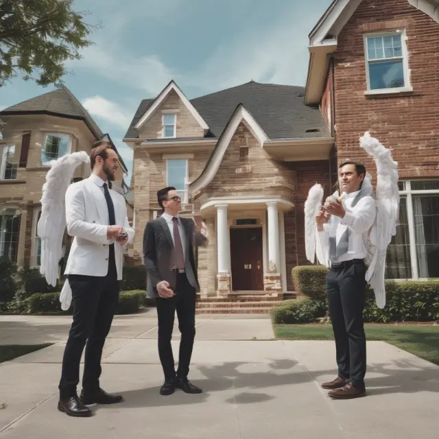 A real estate seller is surrounded by multiple brokers, each represented as guardian angels, working to sell their property