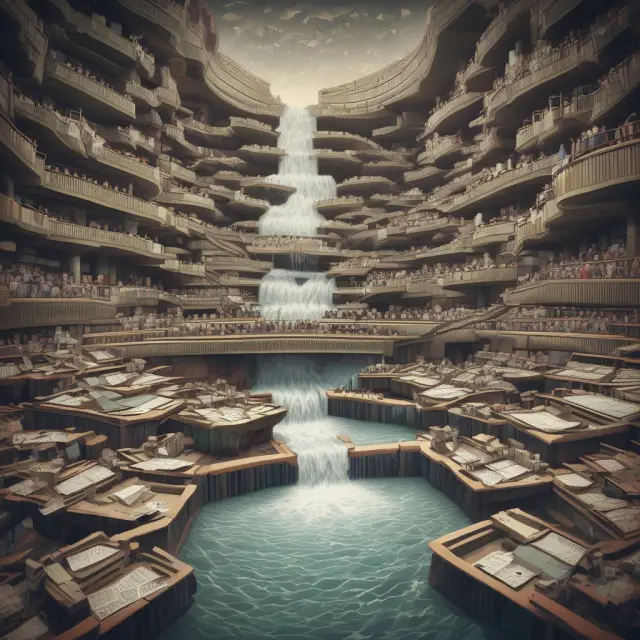 A bustling stock exchange scene featuring a fluid, ever-moving river of shares being bought and sold