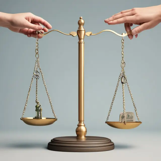 Scale representing the difference between living wage and minimum wage with a hand reaching for essential items.