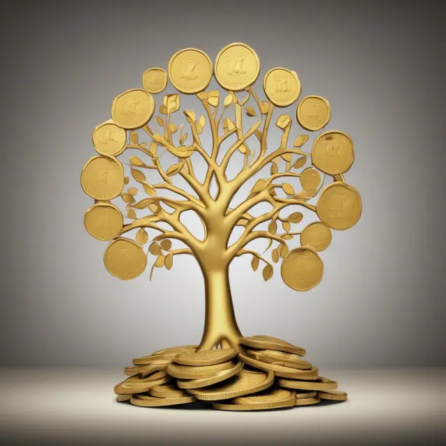 A golden tree laden with coins representing necessities provides shelter, food, healthcare, and education for a family.