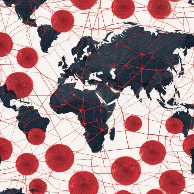 A globe with living wage initiatives depicted as red threads connecting different countries, symbolizing international cooperation and global impact