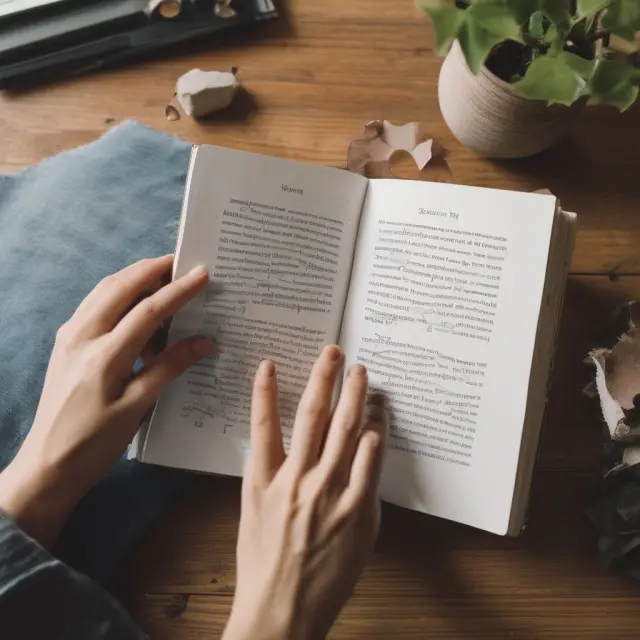 Individual sitting at a table, engrossed in a book, working on a jigsaw puzzle representing various aspects of creating a living will, with personal values symbolized by interlocking pieces