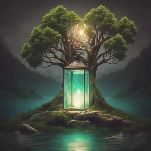 A living will symbolized by a luminous lantern, providing guidance for medical decisions. A living trust visualized as an evergreen tree, managing assets and estate planning.