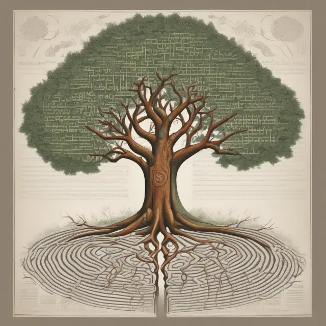 An ancient tree with roots intertwined among financial papers and institutional investor emblems, representing the importance of living wills in maintaining organizational legacy and peace of mind.