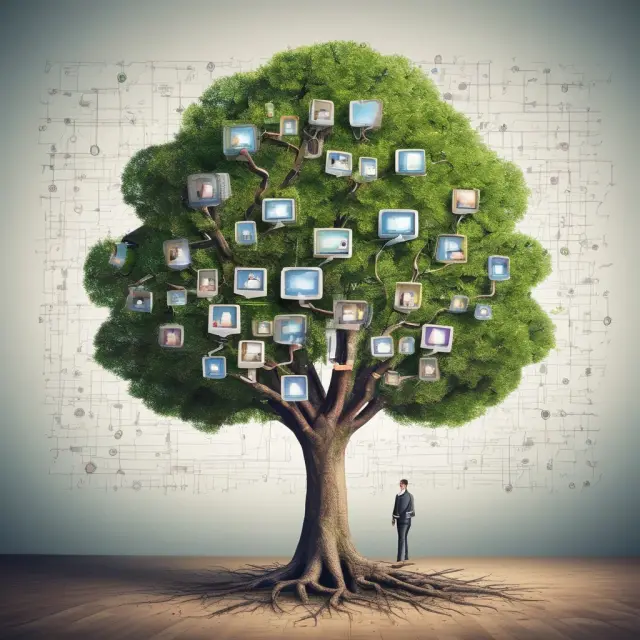 Tree with multiple branches, each representing various business structures like corporations, partnerships, and LLCs. An LLC branch is thriving, showcasing interconnected subsidiaries
