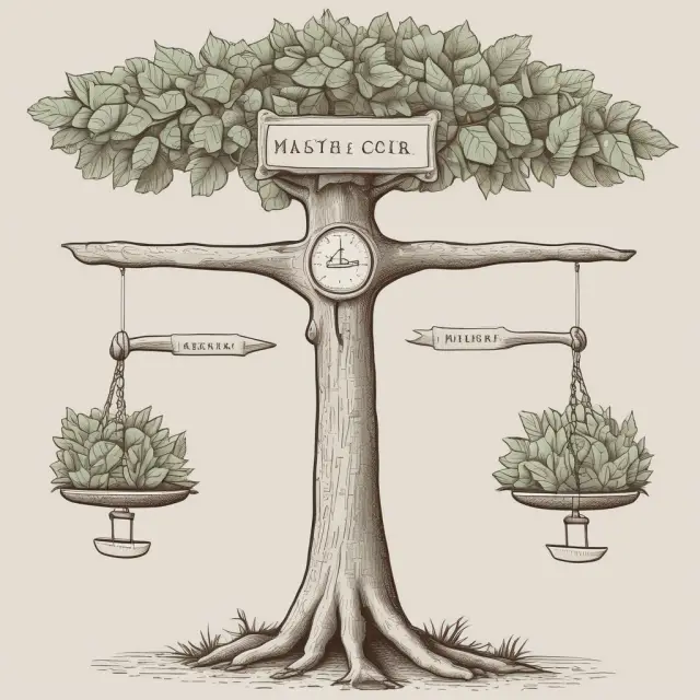 Visualizing LLC taxation: A tree with interchangeable leaves labeling Single Member and Multi-Member, each branch holding a scale representing pass-through taxation options