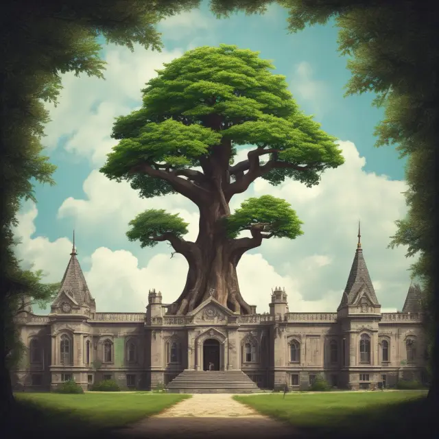 An image of an adaptable tree representing an LLC and a fortified castle symbolizing a corporation, illustrating their differences in management structures, taxation, formation, and liability