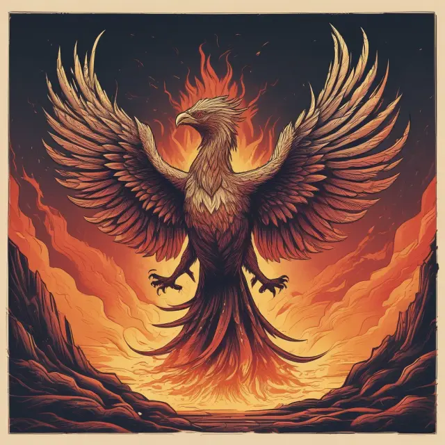 A mythical Phoenix in flames, emerging from a pile of debt documents, representing the evolution and growth of Loan Credit Default Swaps.