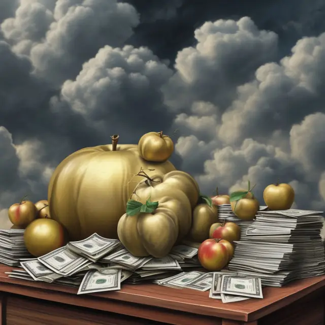 The FDIC supervises a table of loans, with golden apples representing performing assets and storm clouds symbolizing non-performing ones