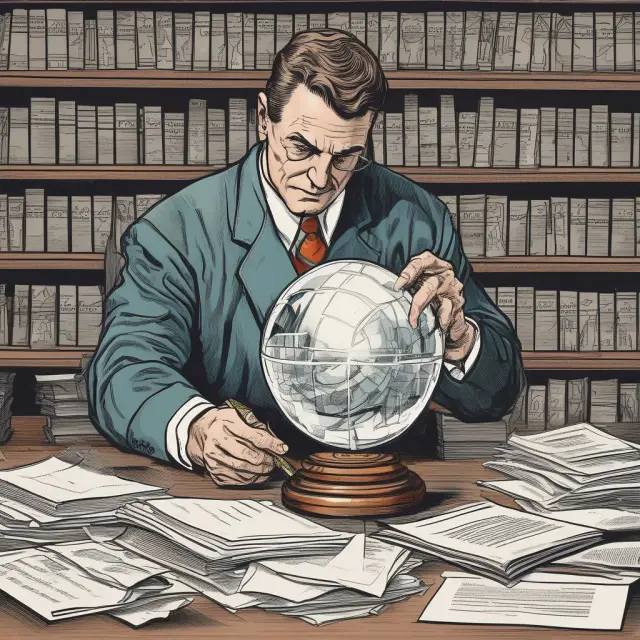 Banker assessing loans through expertise and crystal ball, reflecting loan grading and risk management