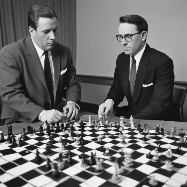 Two loan officers deliberating over a dynamic chessboard, representing the complexities and subjectivity in evaluating loan risk