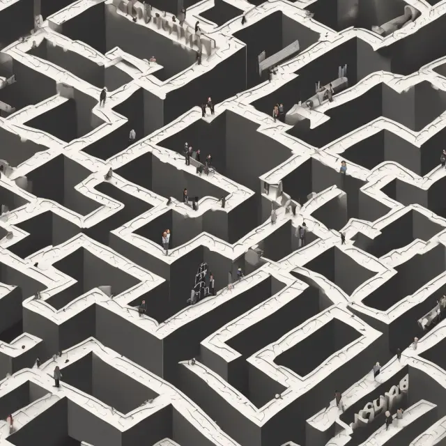 An image of a team processing loan applications within a maze-like office space, symbolizing the intricate process of mortgage approvals in an LPO.