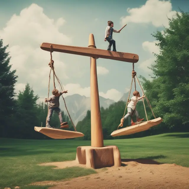 Borrower and lender standing on a seesaw represent an equal LTC ratio balance in commercial real estate financing.
