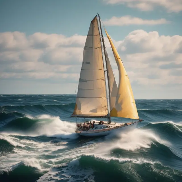 An image of a sailboat navigating through economic waves, depicting the impact of external factors on a bank