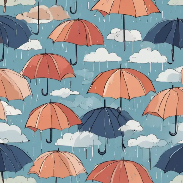 A metaphorical scene of interest rates as rain, payments as umbrellas, and repayment periods as time to illustrate their impact on loan costs, payments, and length
