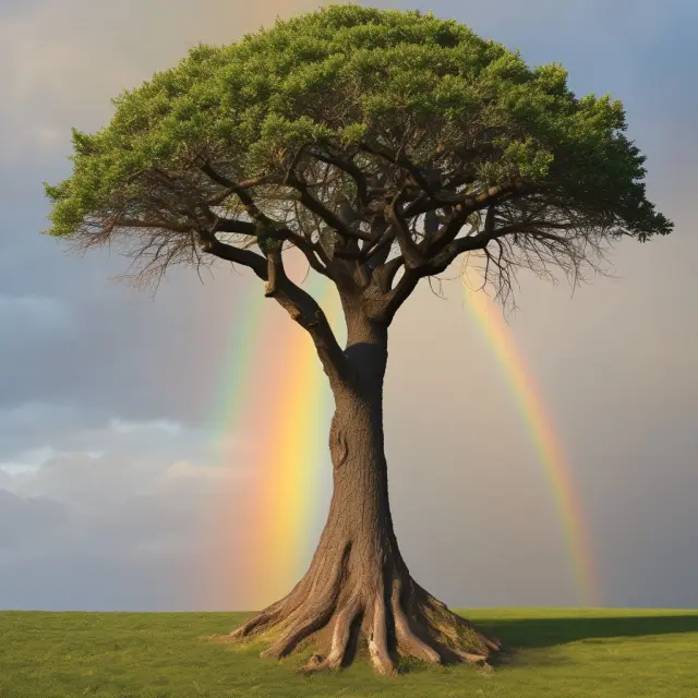 A towering tree symbolizing loan modification, with roots intertwined and branches transformed, contrasted by a temporary rainbow representing forbearance agreement