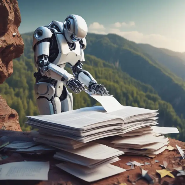 A robot hand signing loan documents on top of a mountain of regulatory papers, illustrating the fusion of technology and regulations in loan servicing.