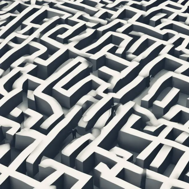 A collection of giant puzzle pieces representing loan servicing challenges navigate a complex digital maze