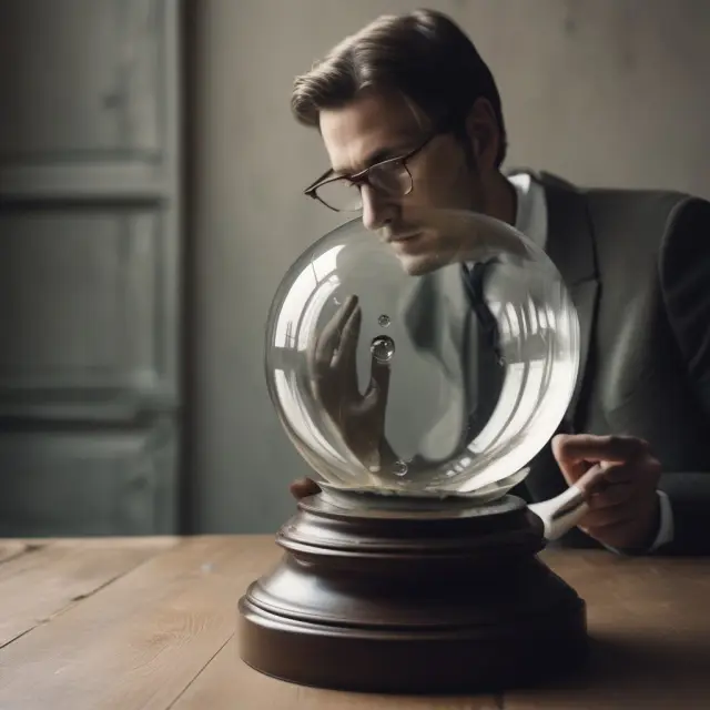 An astute lender closely examines collateralized stock values through a crystal ball, ensuring risk management and preparedness for market fluctuations