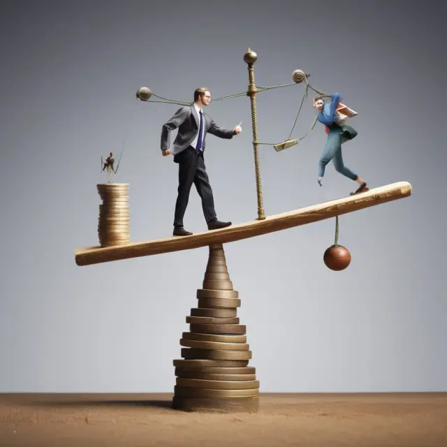 Two figures in suits, symbolizing a lender and borrower, discussing loan terms over a wobbling seesaw representing loan stock