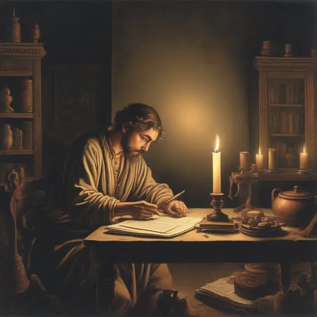 Borrower studying a historical loan constant table in a dimly lit room to understand mortgage payments and constants