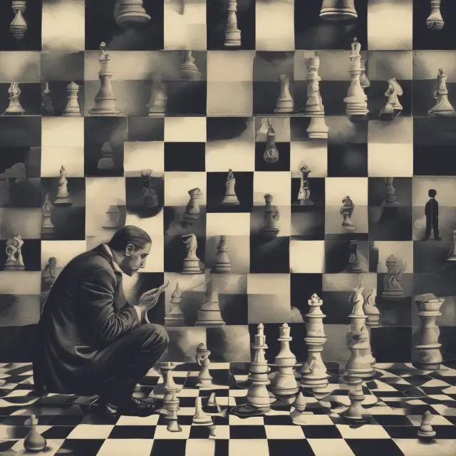 Two individuals examining loan constants on a chessboard, representing the importance of assessing borrowing costs in financial decision-making