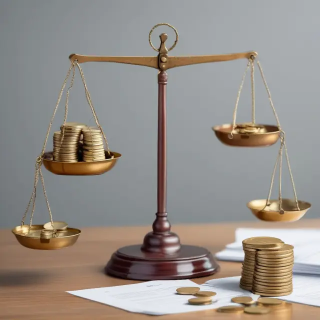 Image depicts a balance scale weighing loan documents against coins representing potential losses, with loan loss provision calculations in progress.