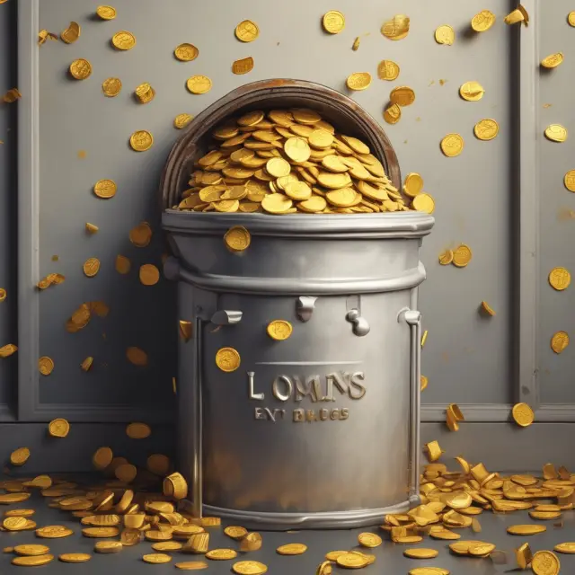 A golden vault filled with coins represents loan loss reserves. Coins labeled as interest expenses, loans defaults, and net charge-offs symbolize loan loss provision components.