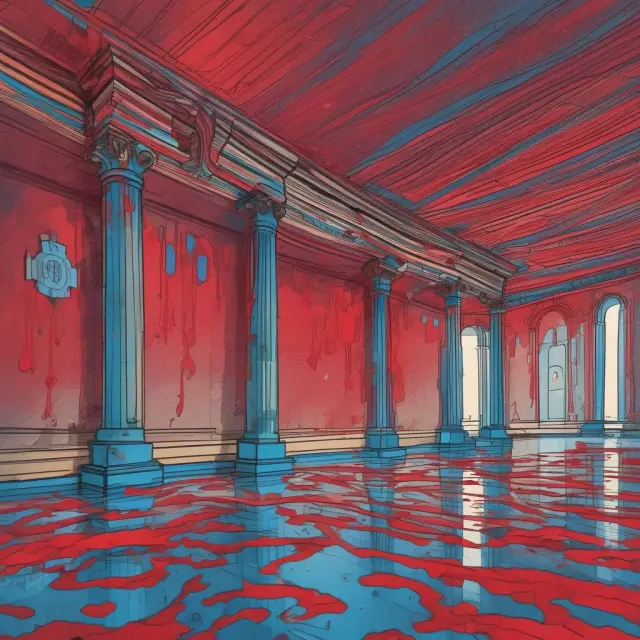 A bustling banking hall with a winding river symbolizing loan losses (red) and provisions (blue).
