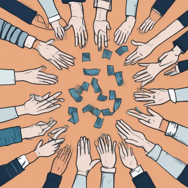 A group of hands symbolizing various investors holding interconnected loan participation notes, representing community collaboration and shared risk and reward in lending.