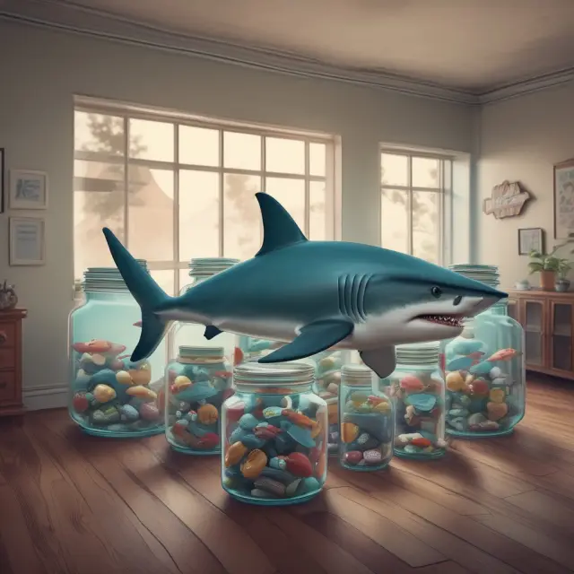 A shark swimming in a room filled with jars of gold coins, representing loan sharks and their exorbitant interest rates
