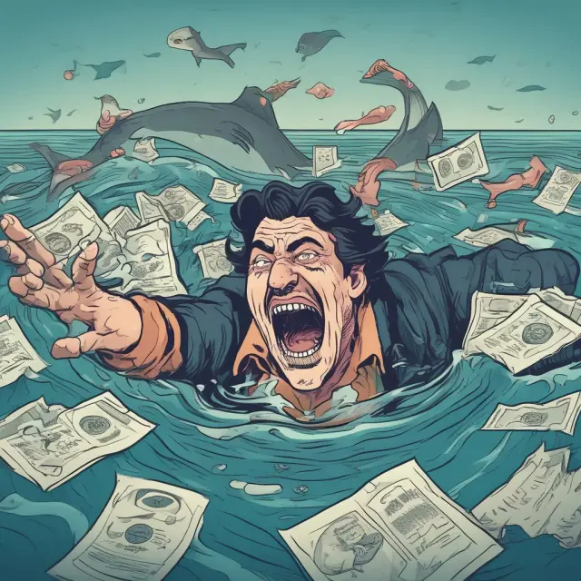 Person in debt, struggling to stay afloat in sea as loan shark